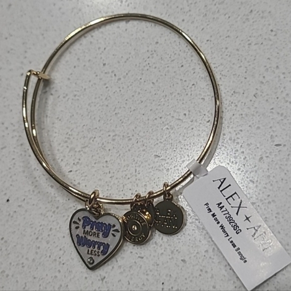 NWT Alex and Ani Pray More Worry Less Gold Bangle Bracelet - Picture 3 of 6
